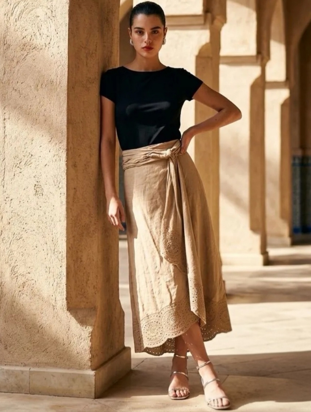 Jason Wu Beige Eyelet Wrap Midi Skirt
